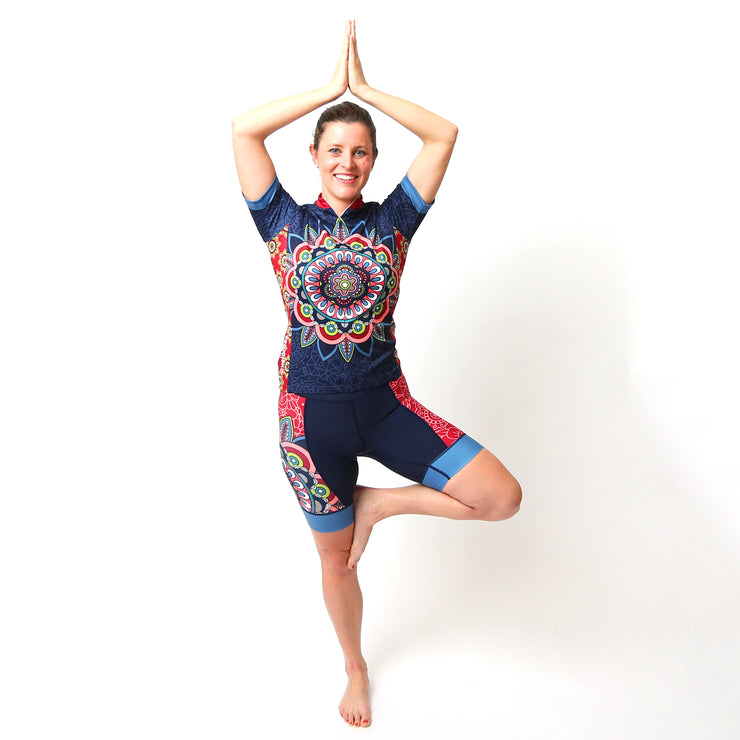 Model wearing Mandala Women's Short-Sleeved Cycling Kit Front