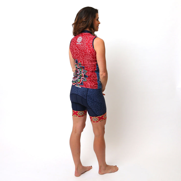 Model wearing Mandala Sleeveless Women's Biking Kit Back